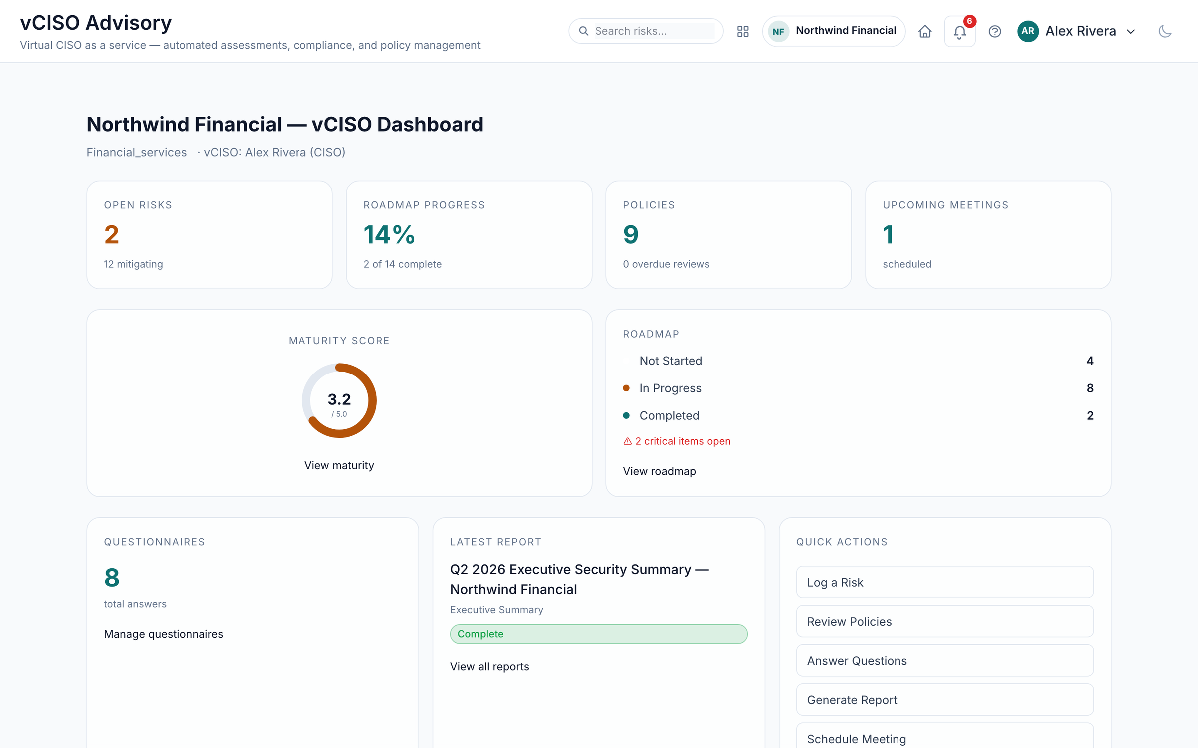 CommandShield vCISO dashboard screenshot.